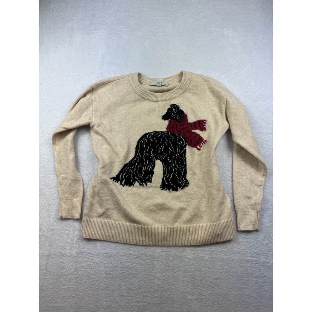 LOFT Dog Sweater Cream Knit Pullover Afghan Hound Scarf Women's XS Petite